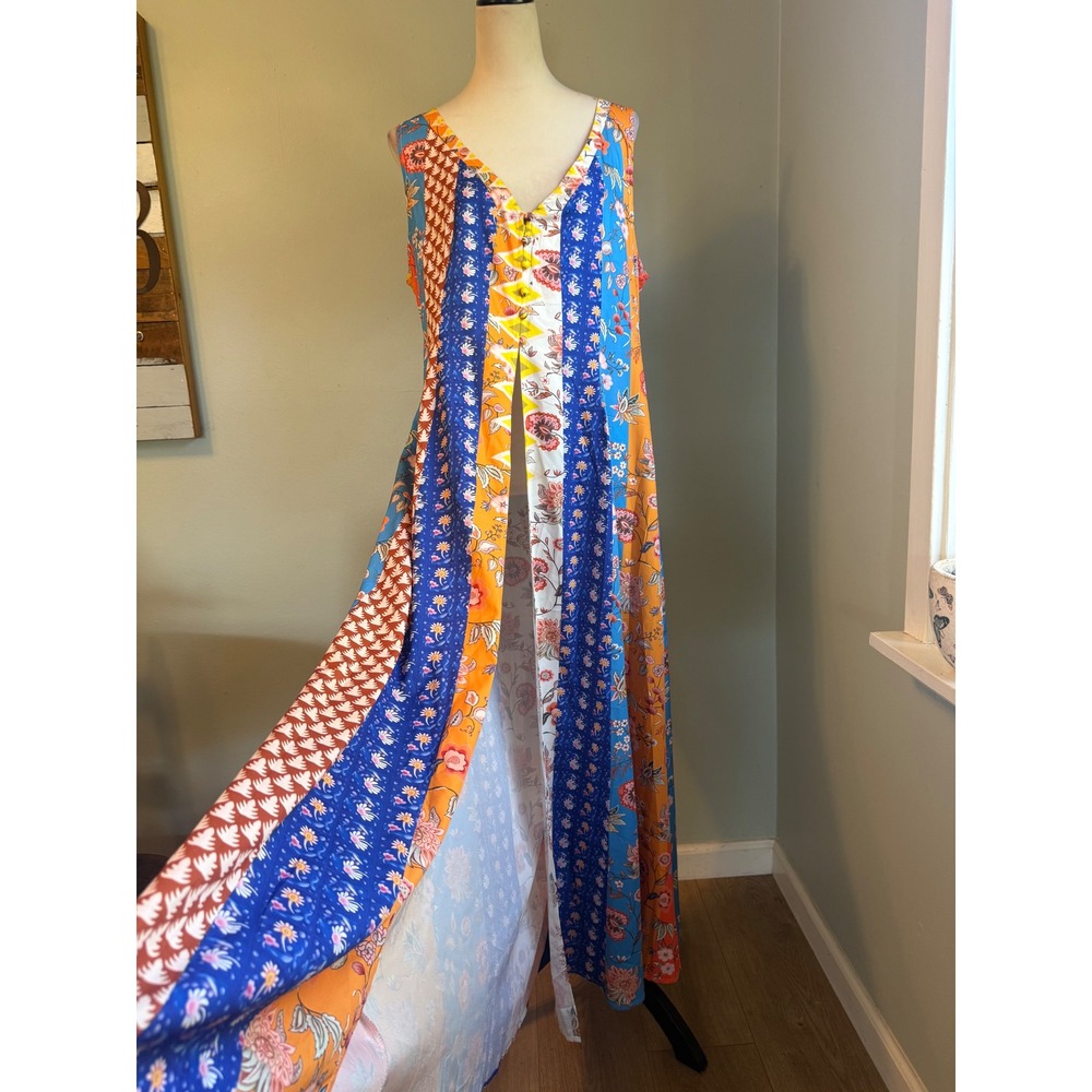 Patchwork Floral Print Maxi Dress coverup Sleeveless Blue Orange boho whimsigoth